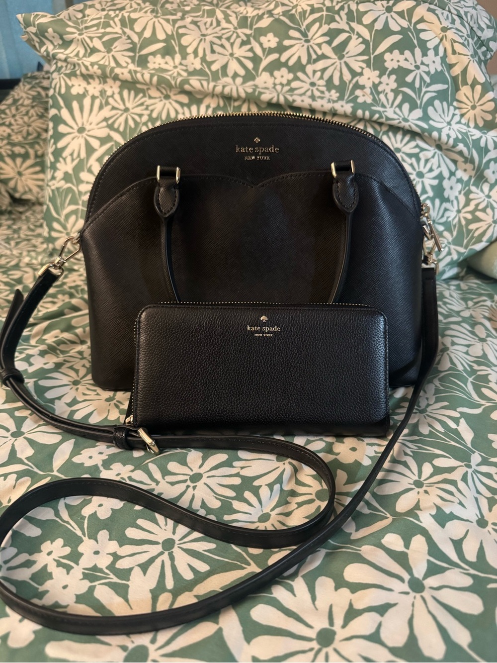 kate spade black leather dome satchel with matching wallet
